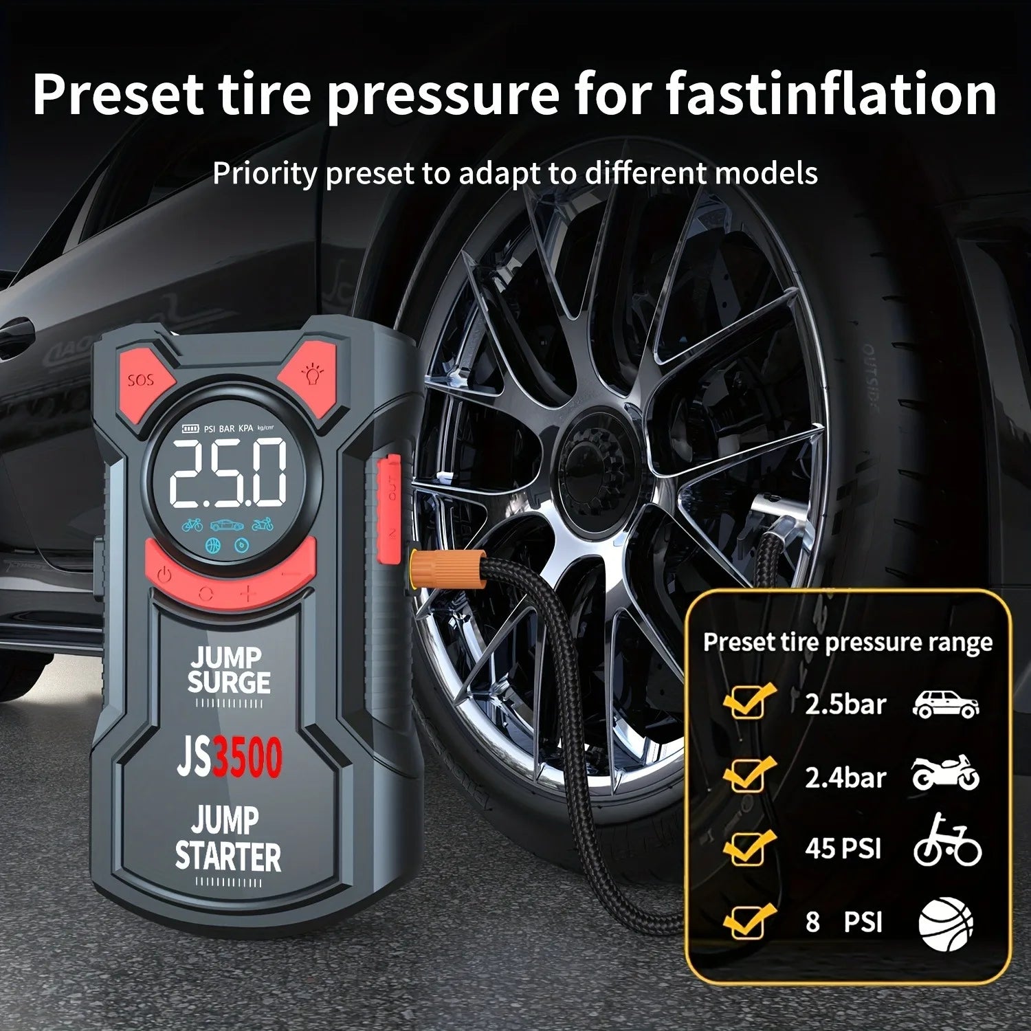 5-in-1 Multifunctional Air Pump Jump Starter with Air Compressor 3000A Peak/150PSI Battery Jump Starter Digital Tire Inflator