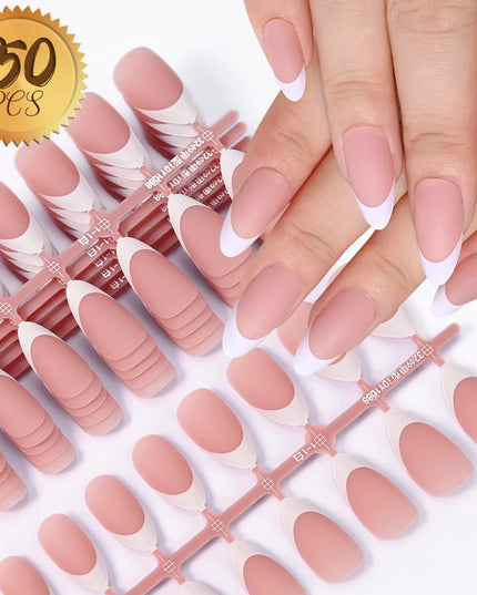 150Pcs Medium Almond French False Nails Matte Nude/Pink Soft Gel White French Press On Nails 0.75-2.6cm ABS Artificial Nail Tips