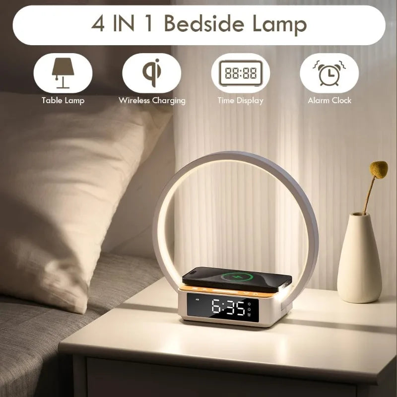 WILIT Bedside Lamp,Night Lamp for Bedroom with Alarm Clock,Touch Lamp with Wireless Charger,Wake-up Light