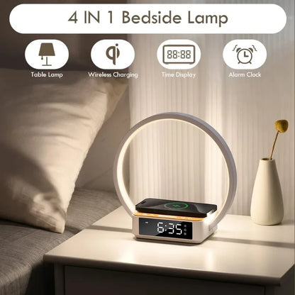 WILIT Bedside Lamp,Night Lamp for Bedroom with Alarm Clock,Touch Lamp with Wireless Charger,Wake-up Light