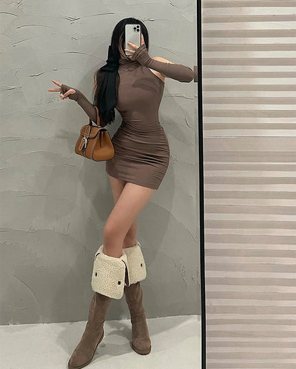 Summer Sexy High Neck Tight Dress Oversleeve Pleated Bottom Wrapped Hip Dress Women Bodycon