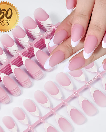 150Pcs Medium Almond French False Nails Matte Nude/Pink Soft Gel White French Press On Nails 0.75-2.6cm ABS Artificial Nail Tips