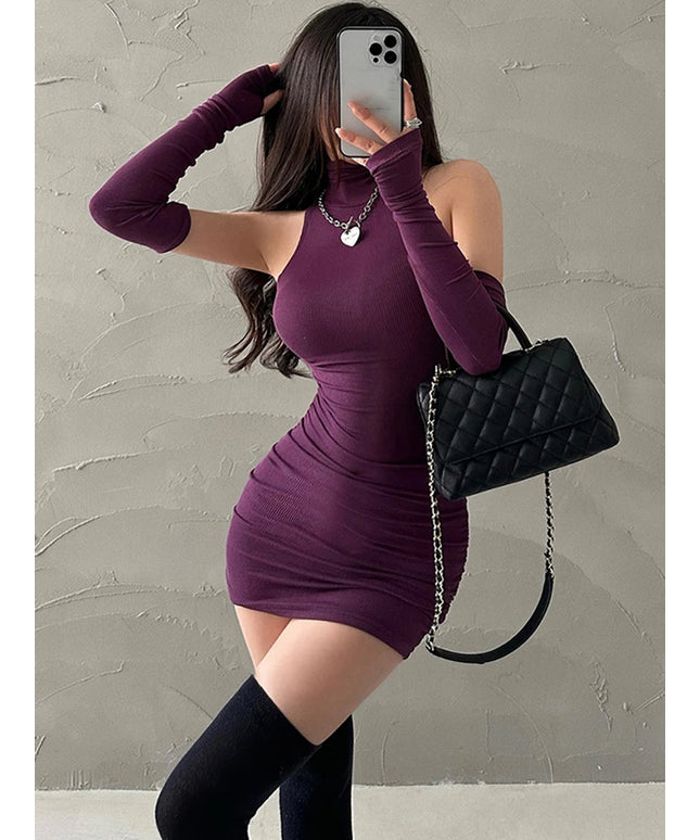 Summer Sexy High Neck Tight Dress Oversleeve Pleated Bottom Wrapped Hip Dress Women Bodycon