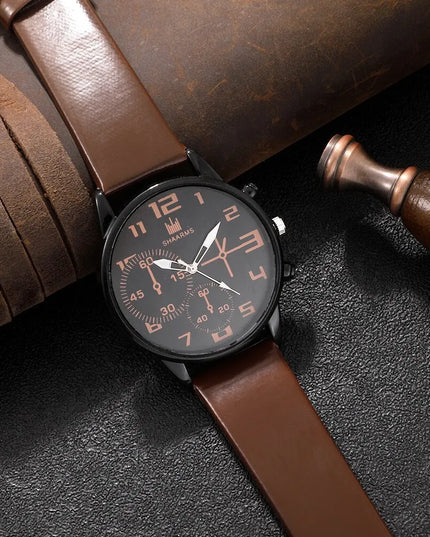 5PCS Set Fashion Mens Sports Bracelet Watches For Men Retro Big Dial Quartz Wrist Watch Classic Male Casual Brown Leather Watch