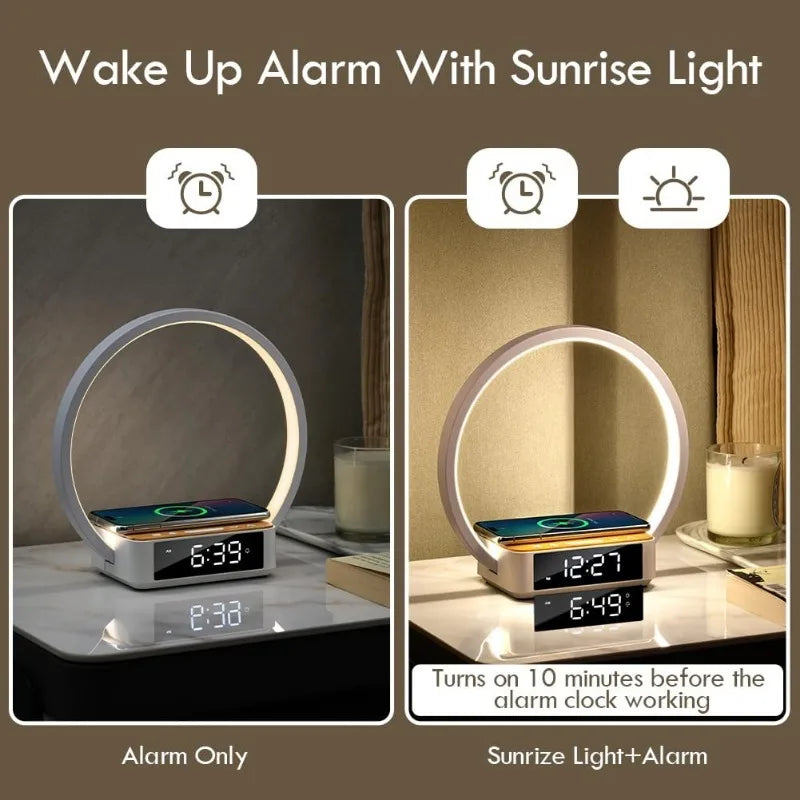 WILIT Bedside Lamp,Night Lamp for Bedroom with Alarm Clock,Touch Lamp with Wireless Charger,Wake-up Light
