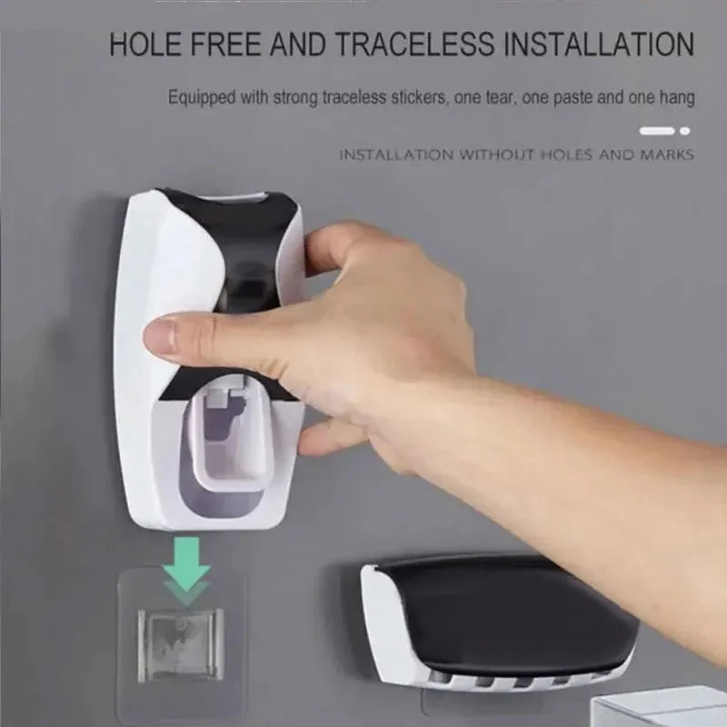 2PCS Automatic Toothpaste Dispenser Wall Mount Dust-proof Toothbrush Holder Wall Mount Bathroom Accessories Set Squeezer