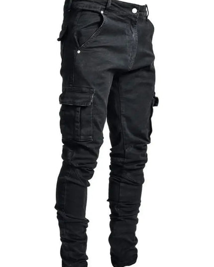 new Jeans Men Pants Wash Solid Color Multi Pockets Denim Mid Waist Cargo Jeans Plus Size Fahsion Casual Trousers Male Daily Wear