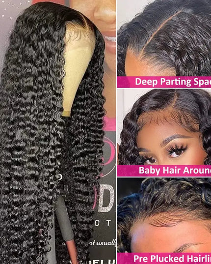 180% Deep Wave Frontal Wig 13x6 HD Lace Frontal Wigs For Women Water Wave Curly Lace Front Human Hair Wig 13x4 High Density 1B