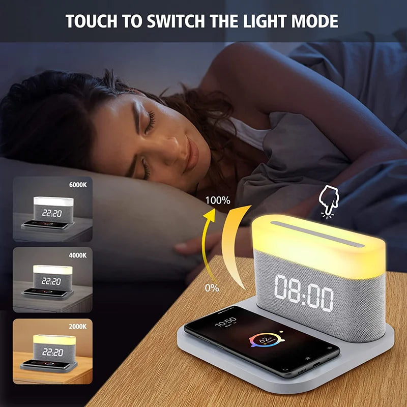 COLSUR LED Adjustable Night Light 15W Wireless Charge with Digital Alarm Clock Touch Bedside Lamp  Brightness Bedroom