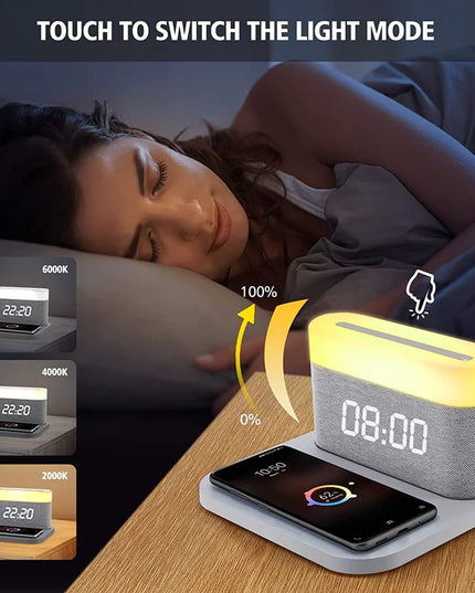 COLSUR LED Adjustable Night Light 15W Wireless Charge with Digital Alarm Clock Touch Bedside Lamp  Brightness Bedroom