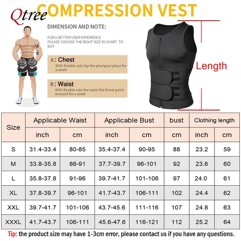 Qtree Neoprene Body Shaper Vest for Men Slimming Gym Fitness Sweat Waist Trainer Corset Workout Zipper Sauna Weight Loss Tops
