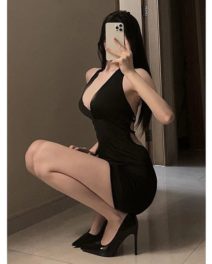 1Pc Erotic Dress Sexy Women Uniform V Neck Slim Backless Seductive One-piece Dress Nightclub Party Mini Dresses
