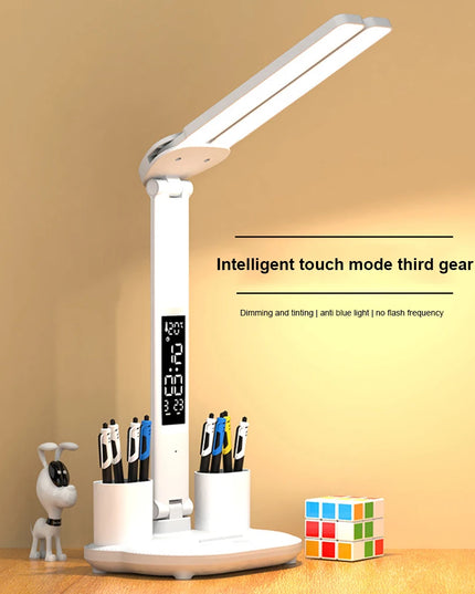 LED Desk Lamp with Calendar Temperature Clock Night Light USB Rechargeable Wireless Table Lamp Touch Control Camping Light
