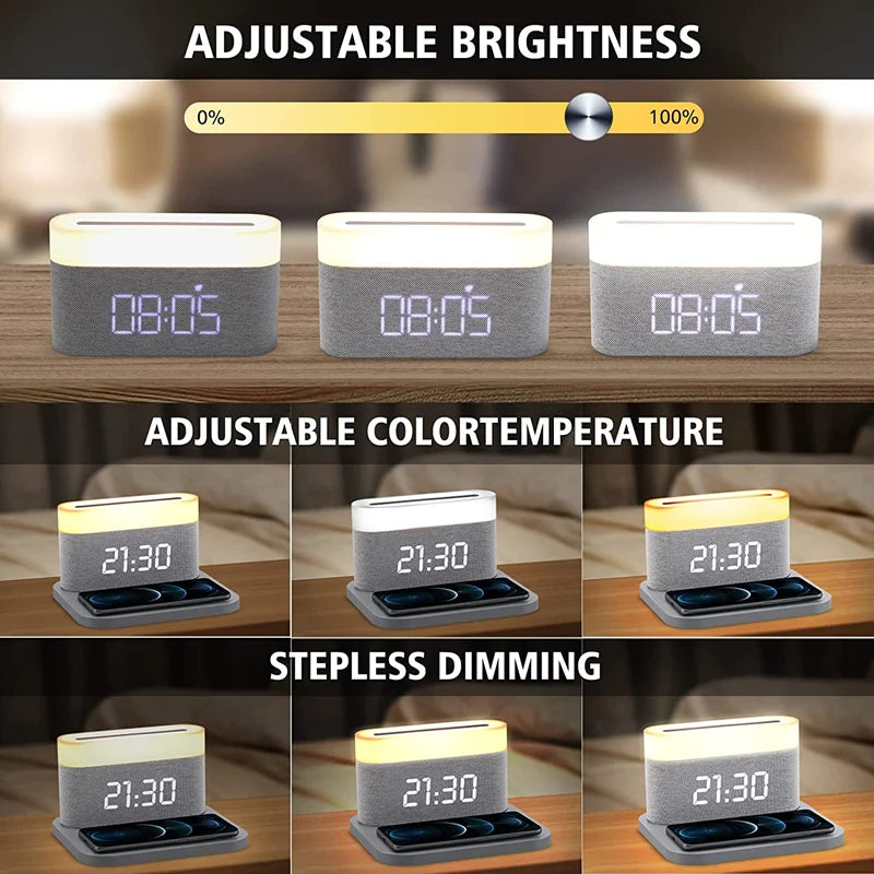 COLSUR LED Adjustable Night Light 15W Wireless Charge with Digital Alarm Clock Touch Bedside Lamp  Brightness Bedroom