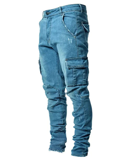 new Jeans Men Pants Wash Solid Color Multi Pockets Denim Mid Waist Cargo Jeans Plus Size Fahsion Casual Trousers Male Daily Wear