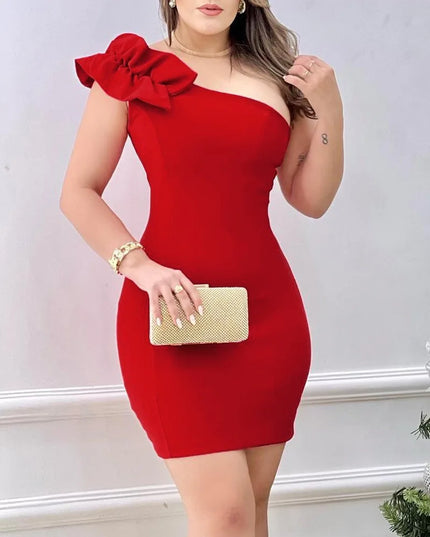 Summer Fashion Red Appliques Women Mini Party Dress Bodycon Elegant Ruffle Sexy One Shoulder Birthday Evening Club Outfits