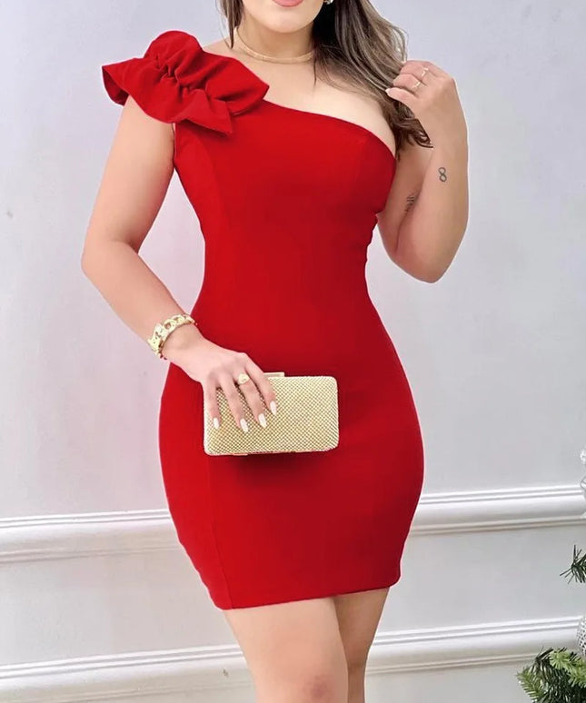 Summer Fashion Red Appliques Women Mini Party Dress Bodycon Elegant Ruffle Sexy One Shoulder Birthday Evening Club Outfits