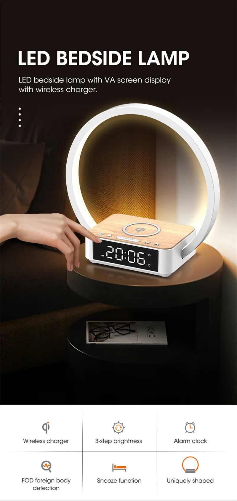 3 in 1 Wireless Charging Bedside Lamp Touch Table Lamp With Alarm Clock Wake-Up Light Nightstand Reading Night Light for Bedroom
