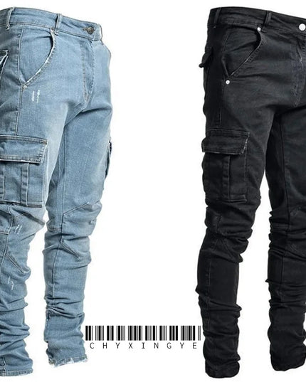new Jeans Men Pants Wash Solid Color Multi Pockets Denim Mid Waist Cargo Jeans Plus Size Fahsion Casual Trousers Male Daily Wear