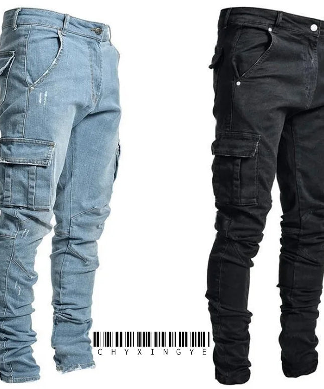 new Jeans Men Pants Wash Solid Color Multi Pockets Denim Mid Waist Cargo Jeans Plus Size Fahsion Casual Trousers Male Daily Wear