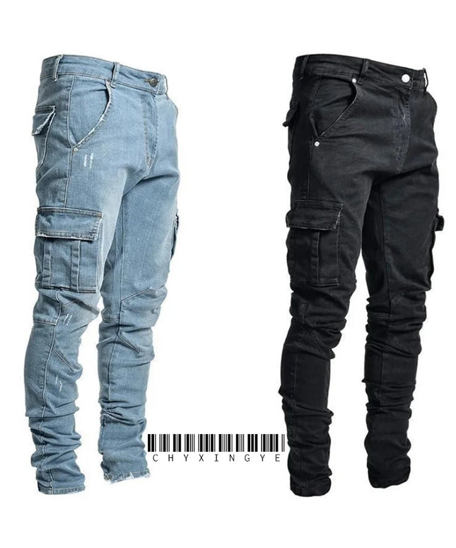 new Jeans Men Pants Wash Solid Color Multi Pockets Denim Mid Waist Cargo Jeans Plus Size Fahsion Casual Trousers Male Daily Wear