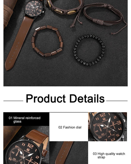 5PCS Set Fashion Mens Sports Bracelet Watches For Men Retro Big Dial Quartz Wrist Watch Classic Male Casual Brown Leather Watch