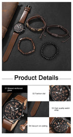 5PCS Set Fashion Mens Sports Bracelet Watches For Men Retro Big Dial Quartz Wrist Watch Classic Male Casual Brown Leather Watch