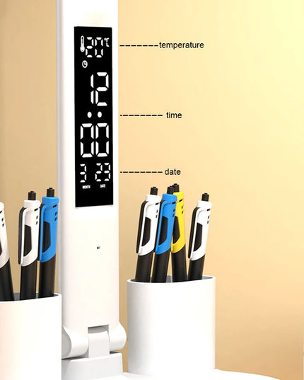 LED Desk Lamp with Calendar Temperature Clock Night Light USB Rechargeable Wireless Table Lamp Touch Control Camping Light