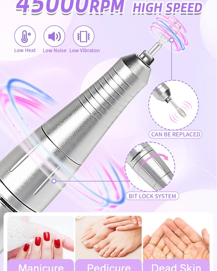 Professional Nail Drill Machine Set 45000RPM Rechargeable Portable Electric Nail File for Manicure Acrylic Gel Nails Salon Tools