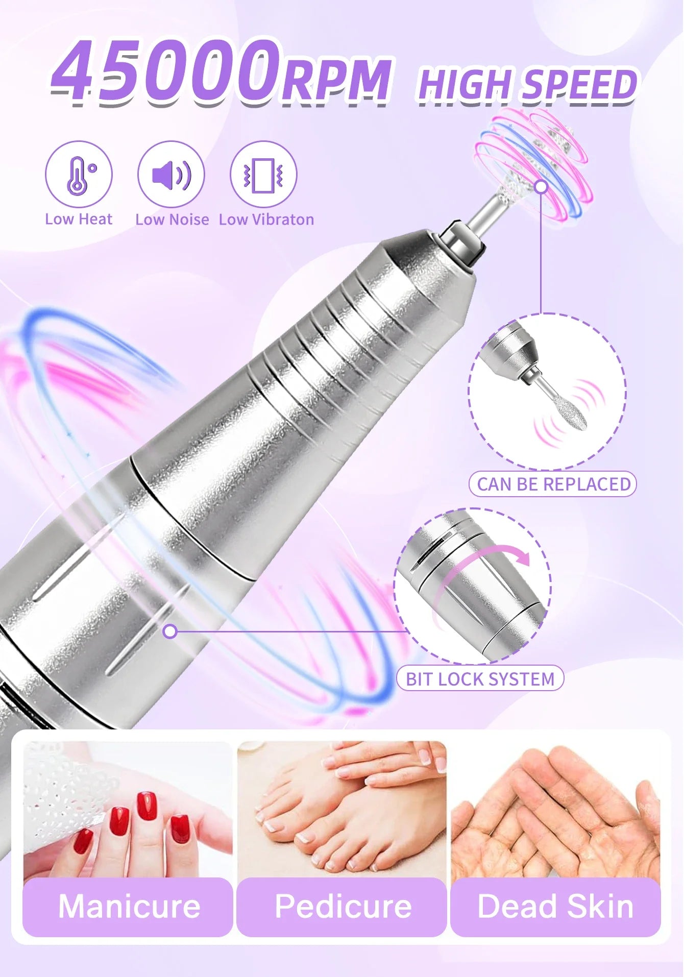 Professional Nail Drill Machine Set 45000RPM Rechargeable Portable Electric Nail File for Manicure Acrylic Gel Nails Salon Tools