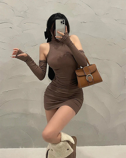 Summer Sexy High Neck Tight Dress Oversleeve Pleated Bottom Wrapped Hip Dress Women Bodycon