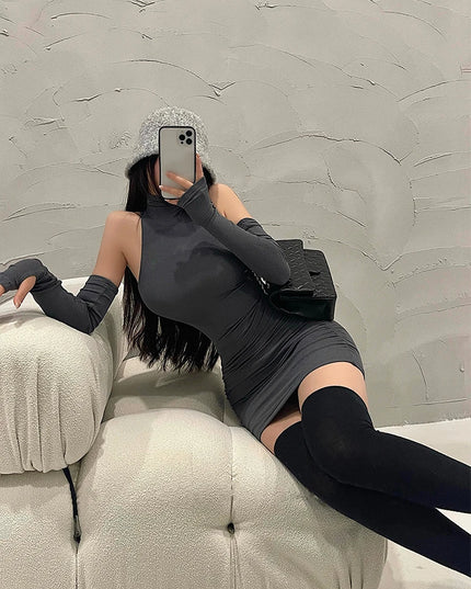 Summer Sexy High Neck Tight Dress Oversleeve Pleated Bottom Wrapped Hip Dress Women Bodycon