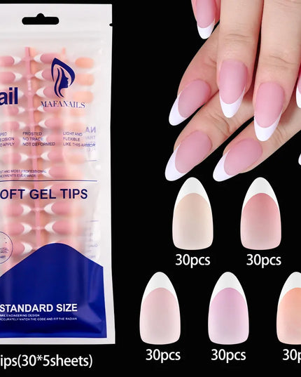 150Pcs Medium Almond French False Nails Matte Nude/Pink Soft Gel White French Press On Nails 0.75-2.6cm ABS Artificial Nail Tips