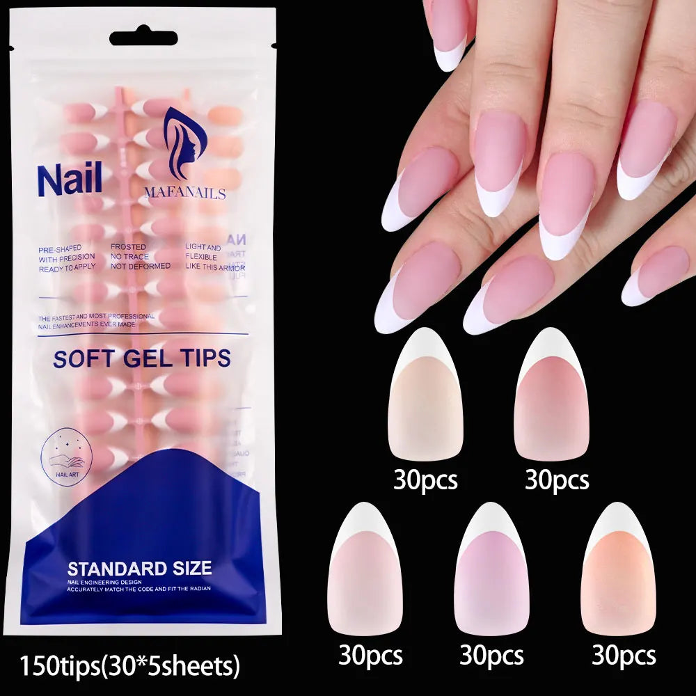 150Pcs Medium Almond French False Nails Matte Nude/Pink Soft Gel White French Press On Nails 0.75-2.6cm ABS Artificial Nail Tips