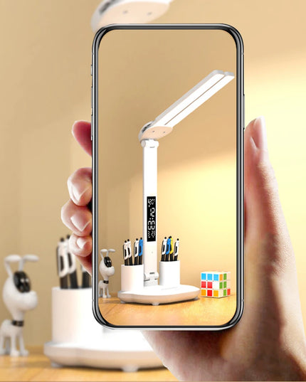 LED Desk Lamp with Calendar Temperature Clock Night Light USB Rechargeable Wireless Table Lamp Touch Control Camping Light