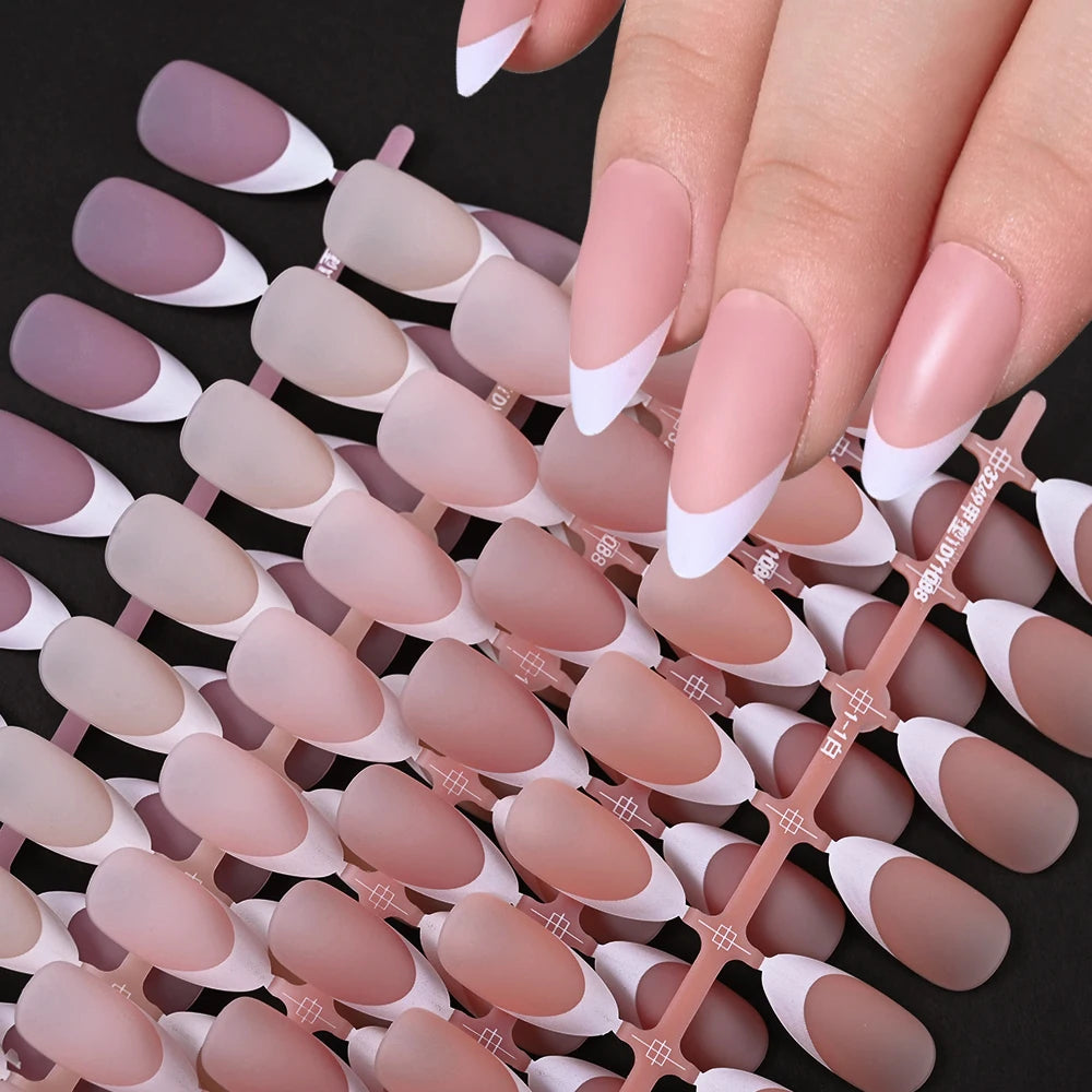 150Pcs Medium Almond French False Nails Matte Nude/Pink Soft Gel White French Press On Nails 0.75-2.6cm ABS Artificial Nail Tips