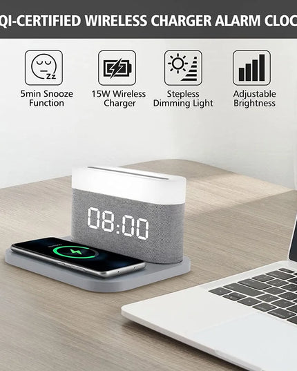 COLSUR LED Adjustable Night Light 15W Wireless Charge with Digital Alarm Clock Touch Bedside Lamp  Brightness Bedroom