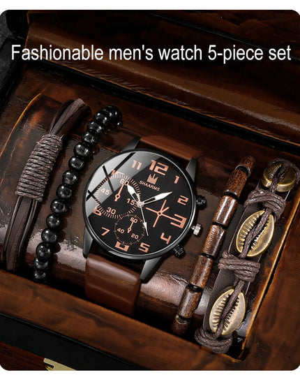 5PCS Set Fashion Mens Sports Bracelet Watches For Men Retro Big Dial Quartz Wrist Watch Classic Male Casual Brown Leather Watch