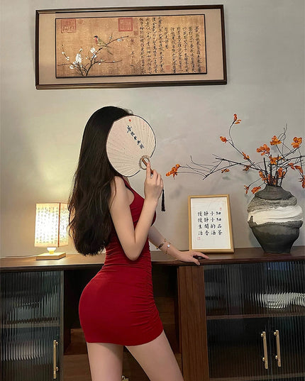 Summer Sexy High Neck Tight Dress Oversleeve Pleated Bottom Wrapped Hip Dress Women Bodycon
