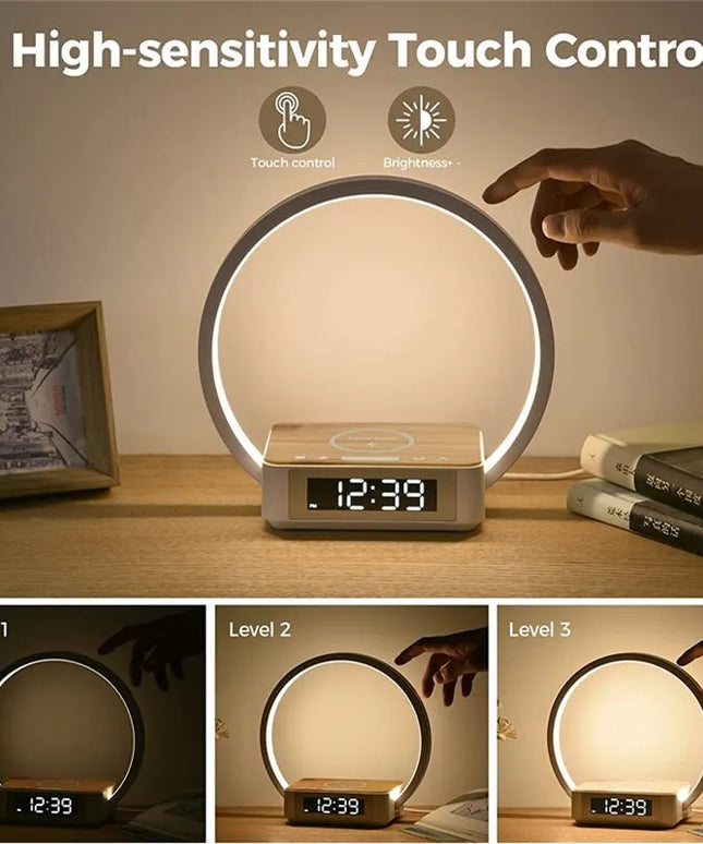 3 in 1 Wireless Charging Bedside Lamp Touch Table Lamp With Alarm Clock Wake-Up Light Nightstand Reading Night Light for Bedroom