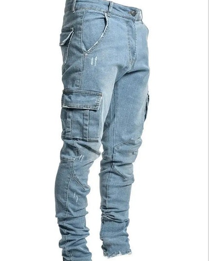 new Jeans Men Pants Wash Solid Color Multi Pockets Denim Mid Waist Cargo Jeans Plus Size Fahsion Casual Trousers Male Daily Wear