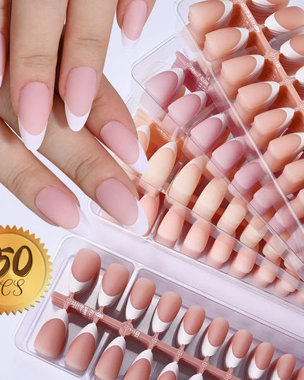 150Pcs Medium Almond French False Nails Matte Nude/Pink Soft Gel White French Press On Nails 0.75-2.6cm ABS Artificial Nail Tips