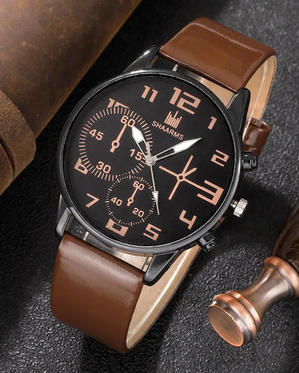5PCS Set Fashion Mens Sports Bracelet Watches For Men Retro Big Dial Quartz Wrist Watch Classic Male Casual Brown Leather Watch