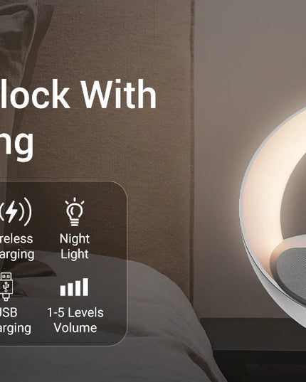 Colsur 15W Wireless Charger Bluetooth Speaker Alarm Clock, Sunrise Simulation Adjustable LED Night Light Alarm Clock Function