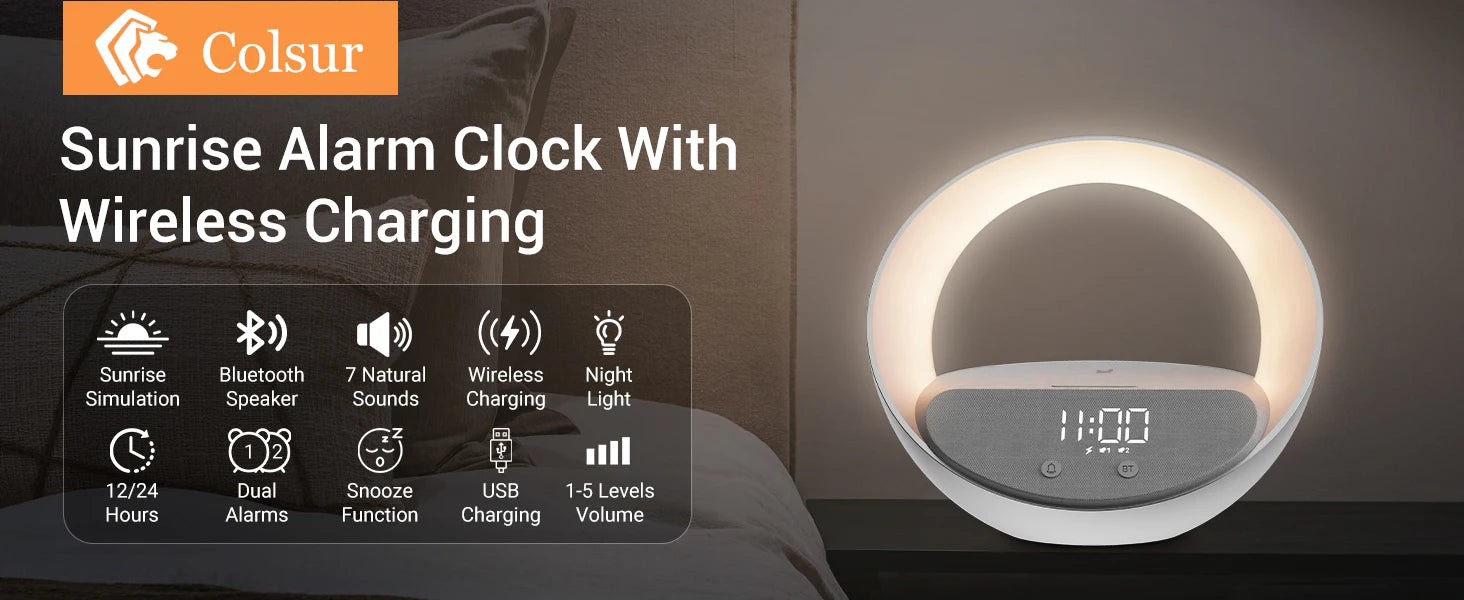 Colsur 15W Wireless Charger Bluetooth Speaker Alarm Clock, Sunrise Simulation Adjustable LED Night Light Alarm Clock Function