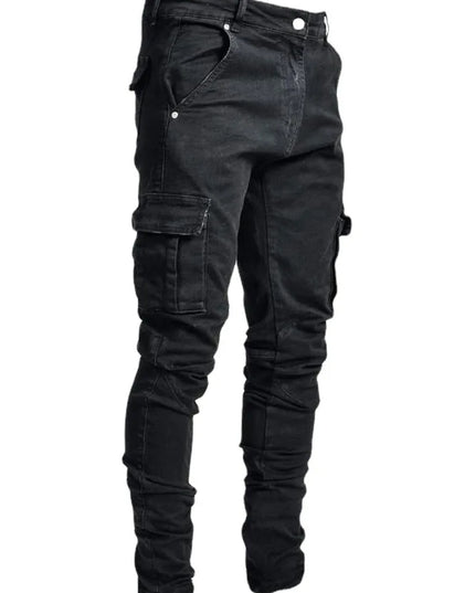 new Jeans Men Pants Wash Solid Color Multi Pockets Denim Mid Waist Cargo Jeans Plus Size Fahsion Casual Trousers Male Daily Wear