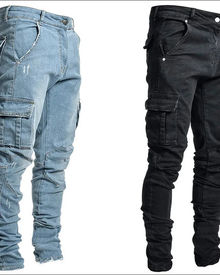 new Jeans Men Pants Wash Solid Color Multi Pockets Denim Mid Waist Cargo Jeans Plus Size Fahsion Casual Trousers Male Daily Wear