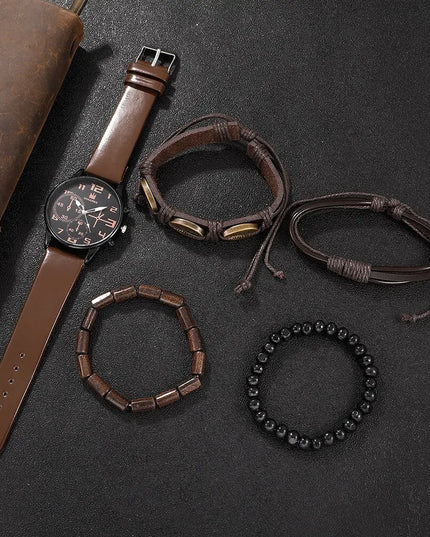 5PCS Set Fashion Mens Sports Bracelet Watches For Men Retro Big Dial Quartz Wrist Watch Classic Male Casual Brown Leather Watch