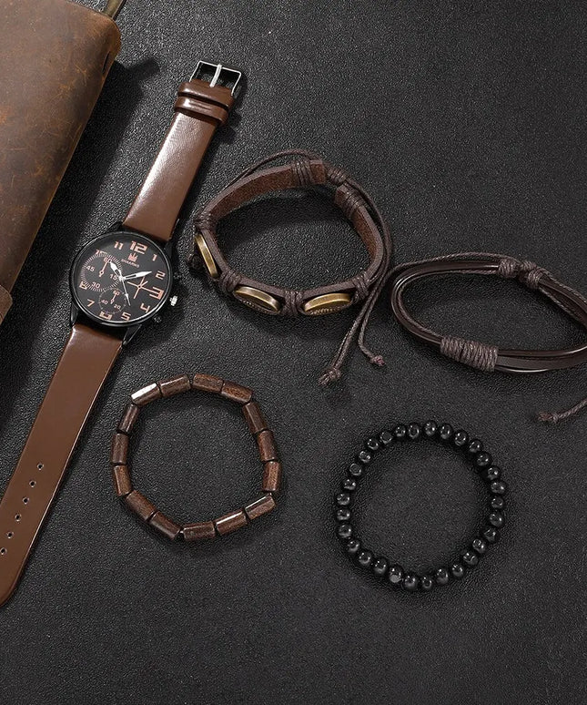 5PCS Set Fashion Mens Sports Bracelet Watches For Men Retro Big Dial Quartz Wrist Watch Classic Male Casual Brown Leather Watch