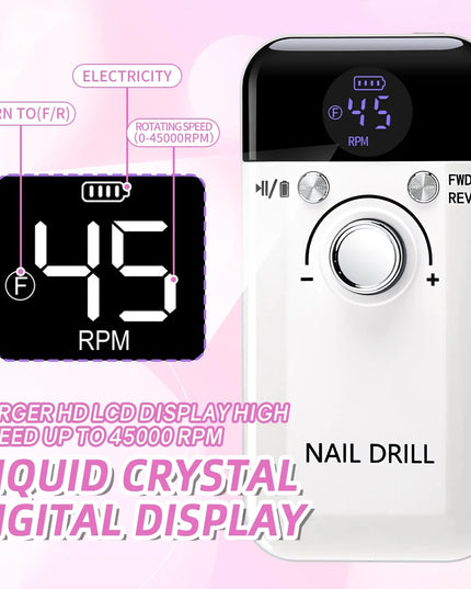 Professional Nail Drill Machine Set 45000RPM Rechargeable Portable Electric Nail File for Manicure Acrylic Gel Nails Salon Tools